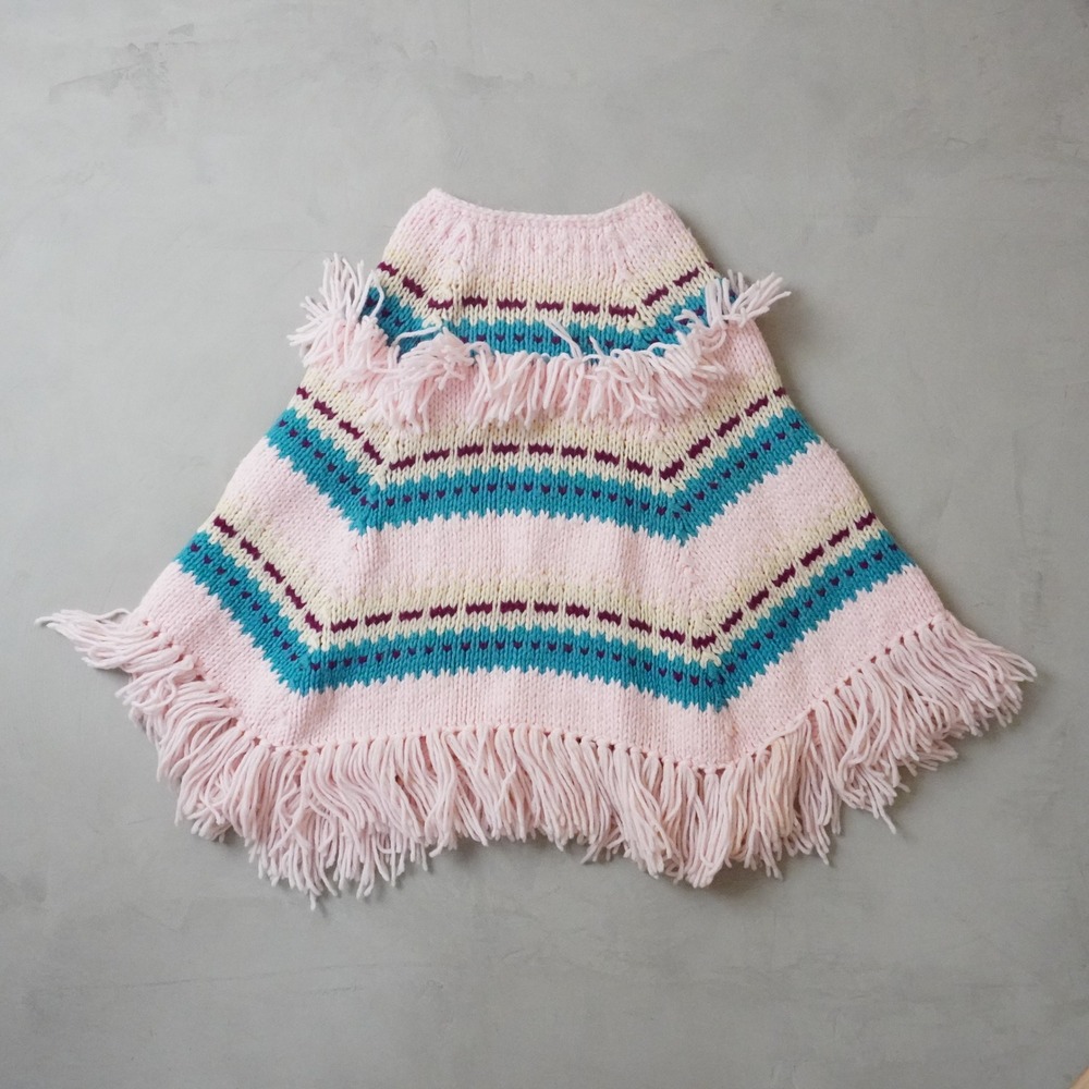 Vintage Handmade Knit Skirt Medium Pink Teal Geometric Fringe Boho 70s Style